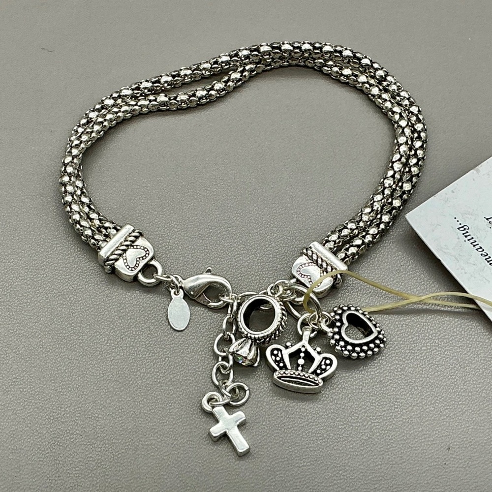 Premier Designs Bracelet Women Silver Meaningful Charm Cross Heart Crown Ring 8"